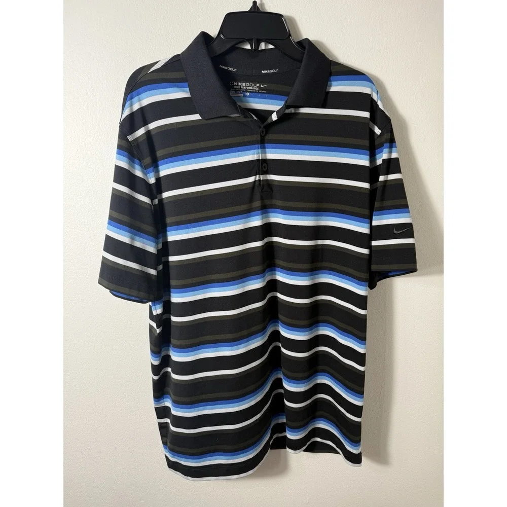 Nike Tour Performance Golf Polo Large Polyester Blue Striped Dri-FIT Sporty‎